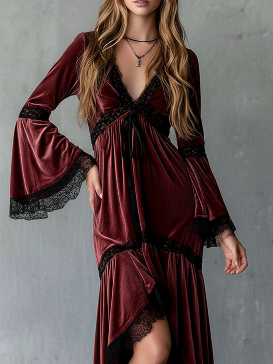 Vintage Burgundy Velvet Lace-Trim Boho Midi Dress