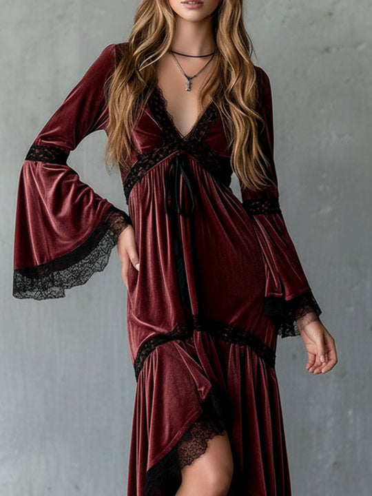 Vintage Burgundy Velvet Lace-Trim Boho Midi Dress