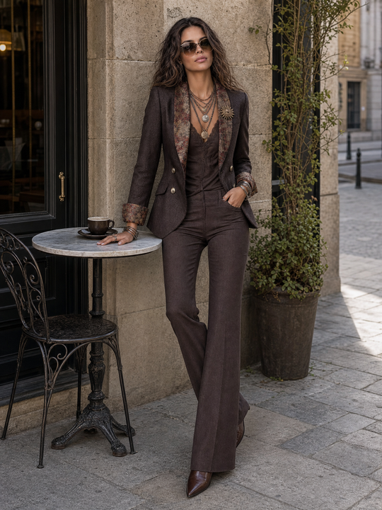 Vintage Herringbone with Floral Print Lapel Blazer