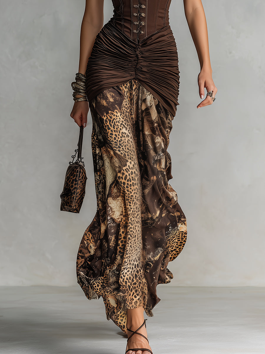 Vintage Corset Leopard Print Pleated Maxi Dress