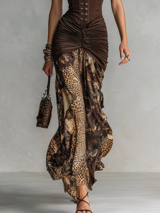 Vintage Corset Leopard Print Pleated Maxi Dress