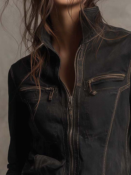 Vintage Washed Denim Jacket With Accentuated Shoulder Line