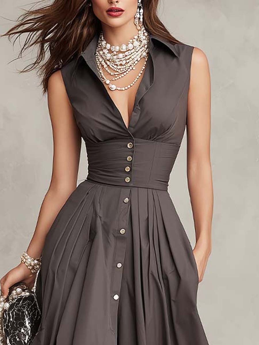 Vintage Taupe Waist-Cinched Button Midi Dress