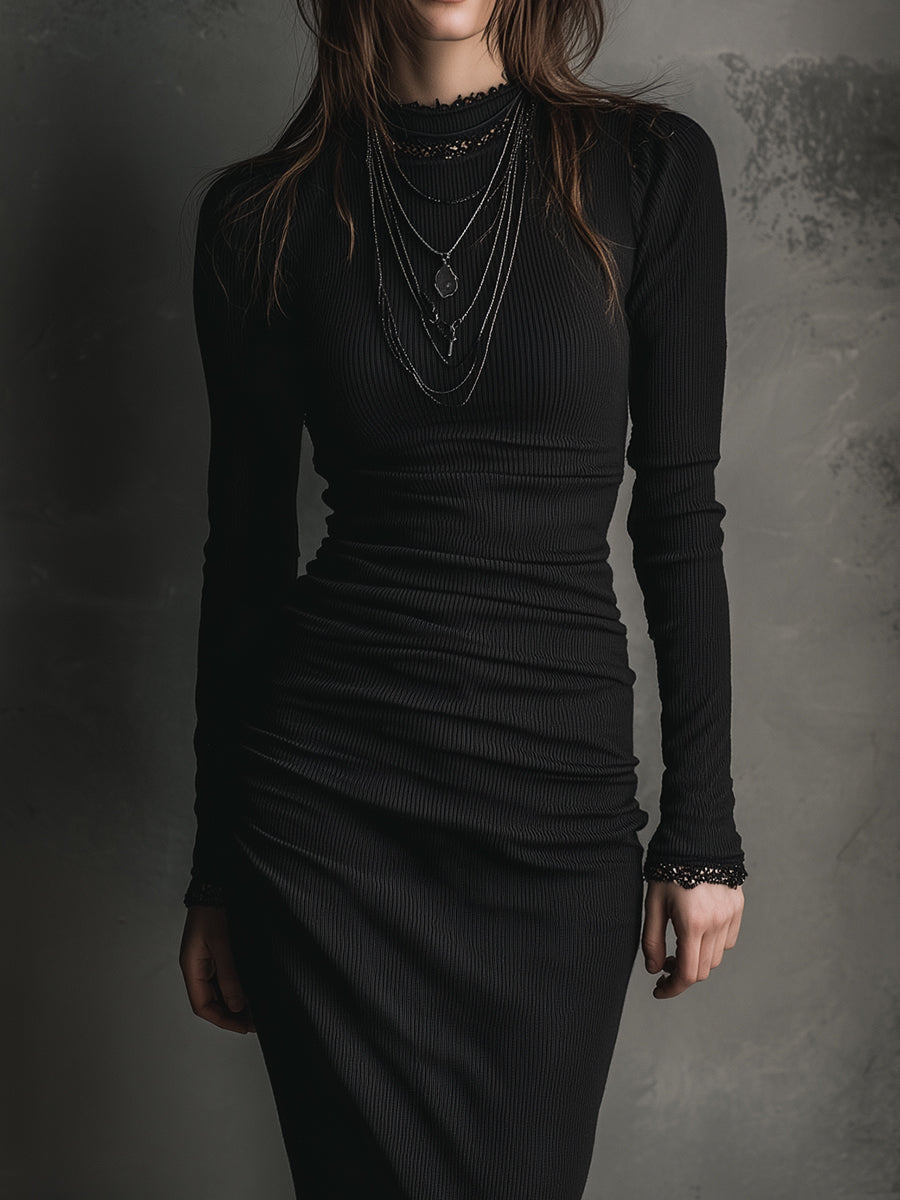 Basic Versatile Bottoming Lace Patchwork Stretch Knit Midi Dress