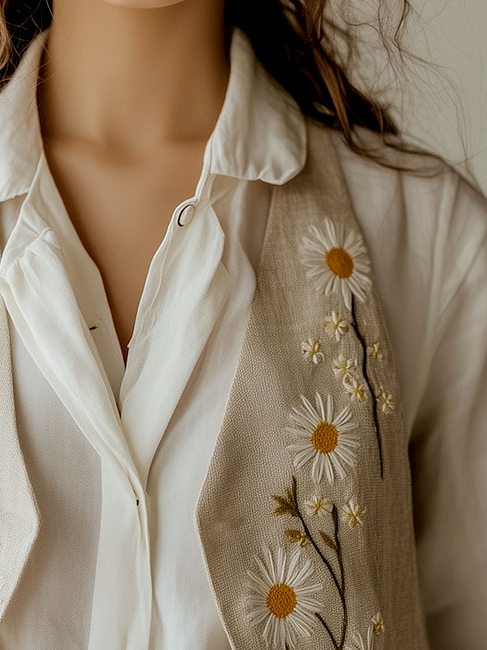 V-neck Daisy Embroidery Cotton and Linen Vest