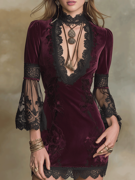 Elegant Burgundy Velvet Lace-Trim Mini Dress