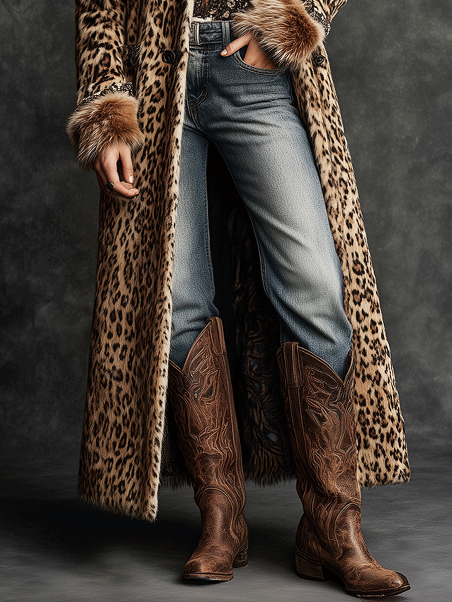 Vintage Boho Leopard  Faux Fur Longline Coat