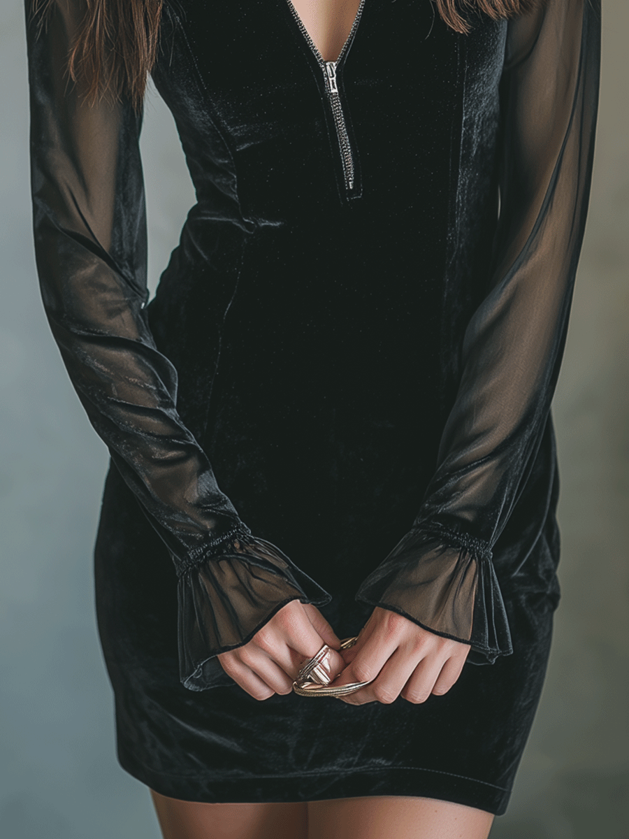 Elegant Black Velvet Sheer-Sleeve Zip-Front Bodycon Mini Dress