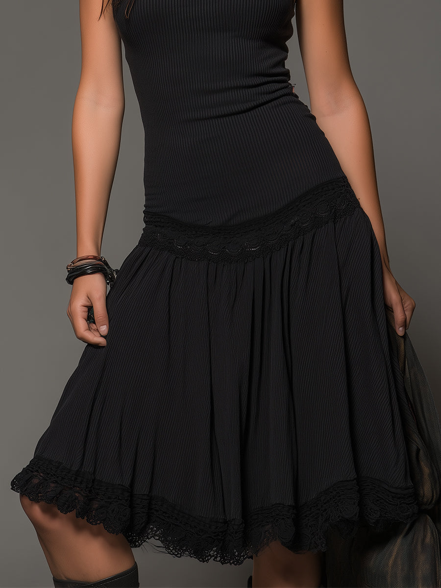 Bohemian Ribbed Pleated Sleeveless Midi Dress With Lace Trim