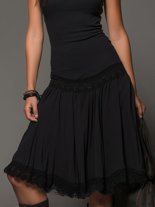 Bohemian Ribbed Pleated Sleeveless Midi Dress With Lace Trim