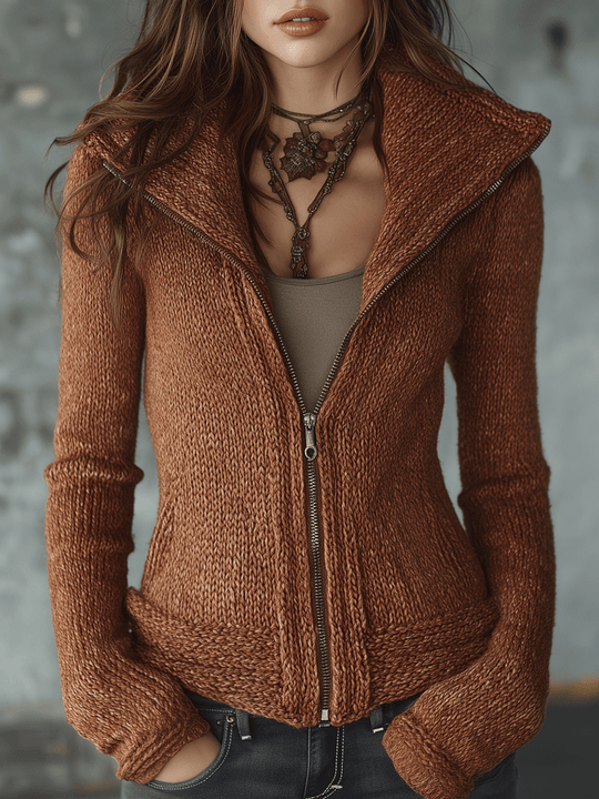 Warm Caramel Zip-Up High Collar Knit Cardigan