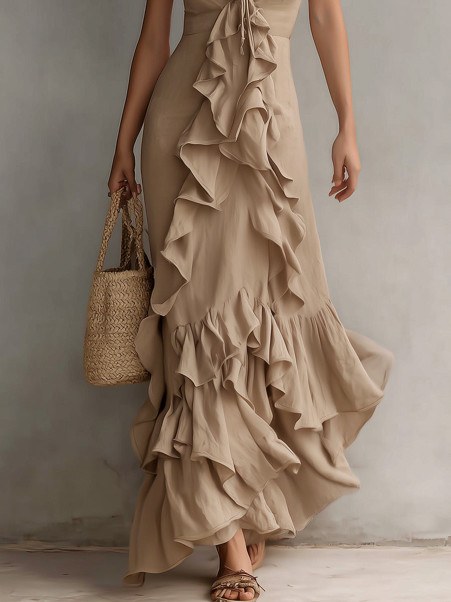 Boho Ruffle Trim Suspender Maxi Dress