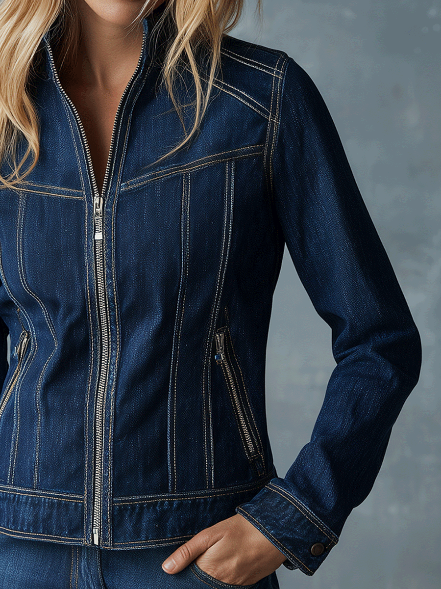 Chic Everyday Structured Zip-Up Denim Jacket