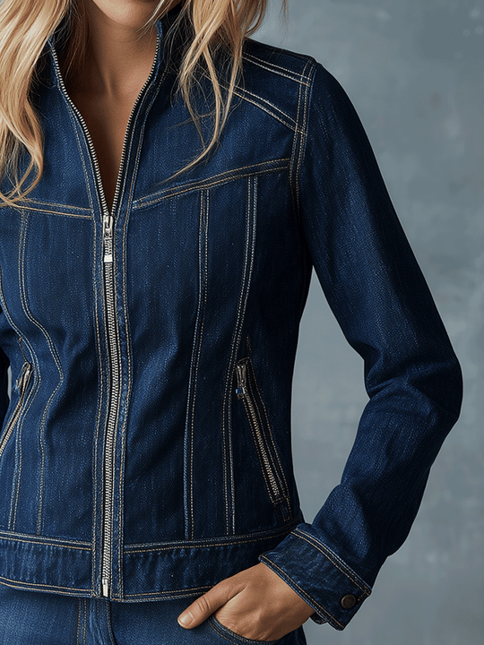 Chic Everyday Structured Zip-Up Denim Jacket