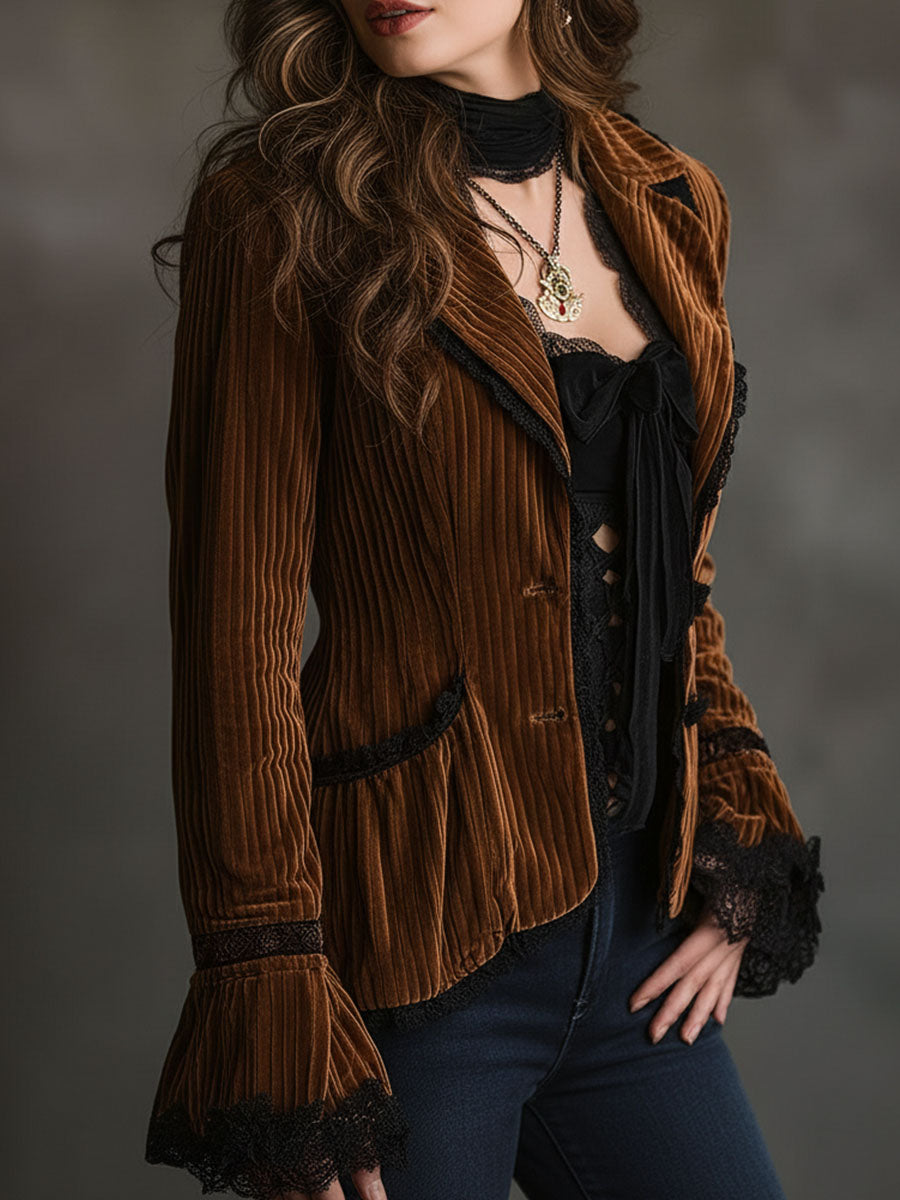 Vintage Luxe Amber Velvet Pleated Jacket With Black Lace Trim