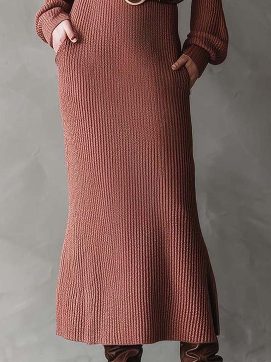 Ribbed Knit Maxi Dress With Deep V Collar And Leather Belt
