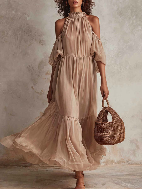 Retro Cold-shoulder Chiffon Midi Dress