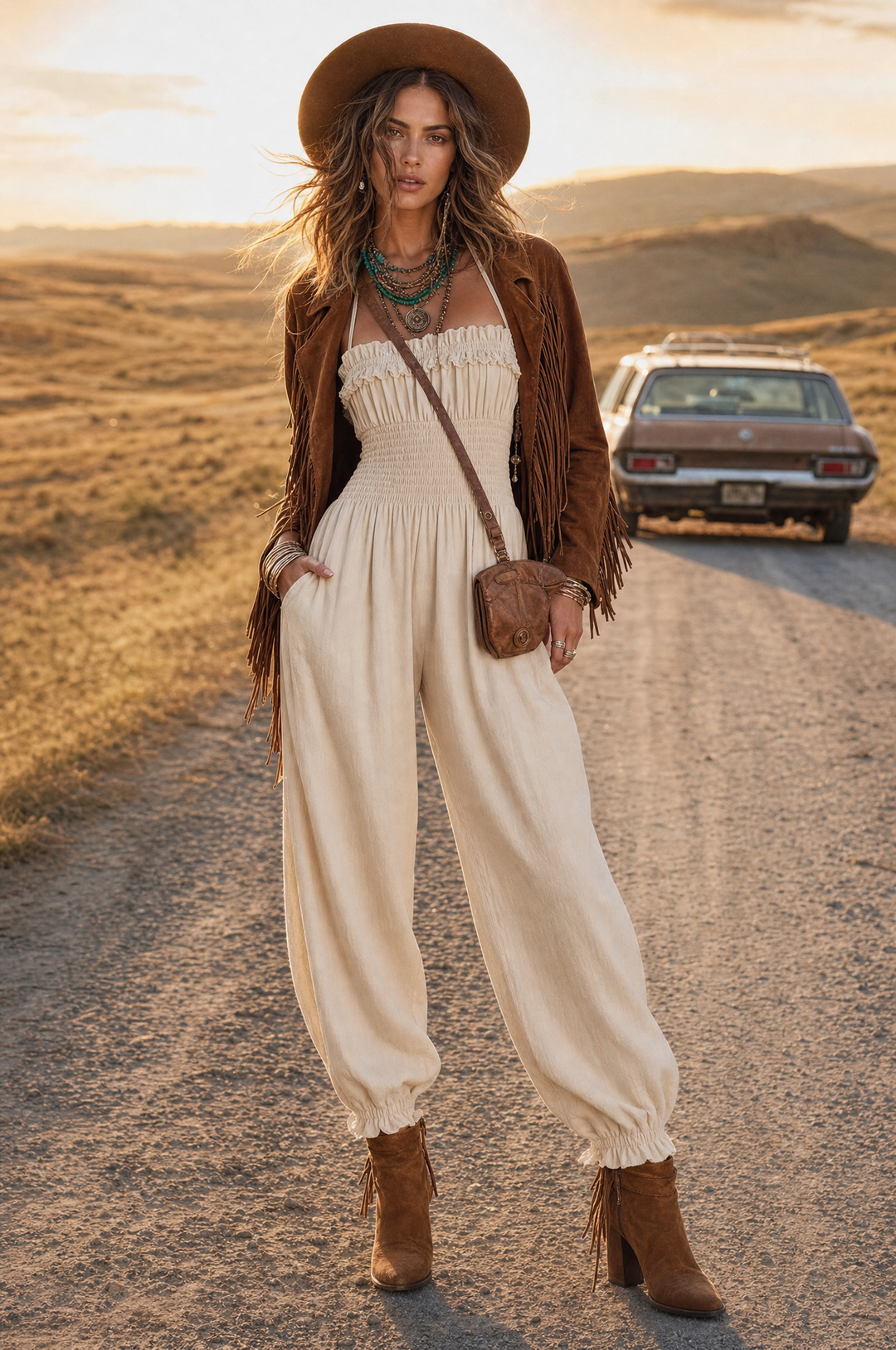 Bohemian Lace-Trimmed Linen-Blend Halter Harem Jumpsuit