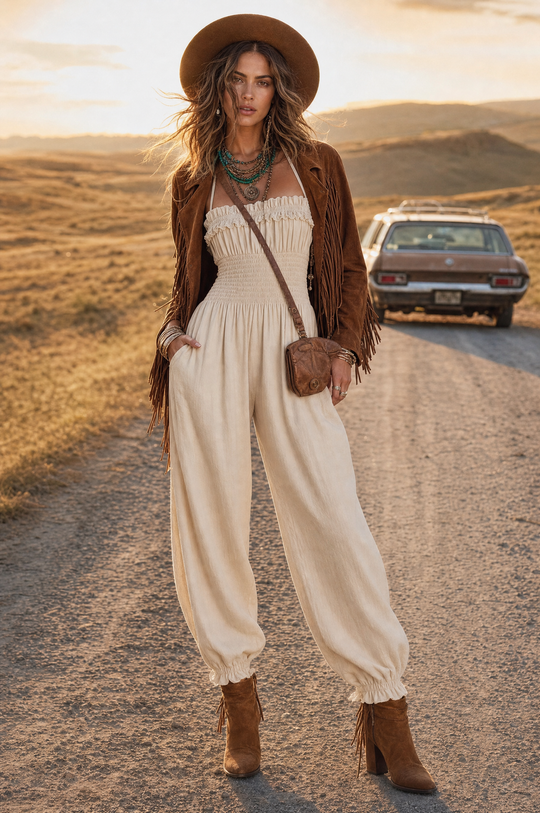 Bohemian Lace-Trimmed Linen-Blend Halter Harem Jumpsuit