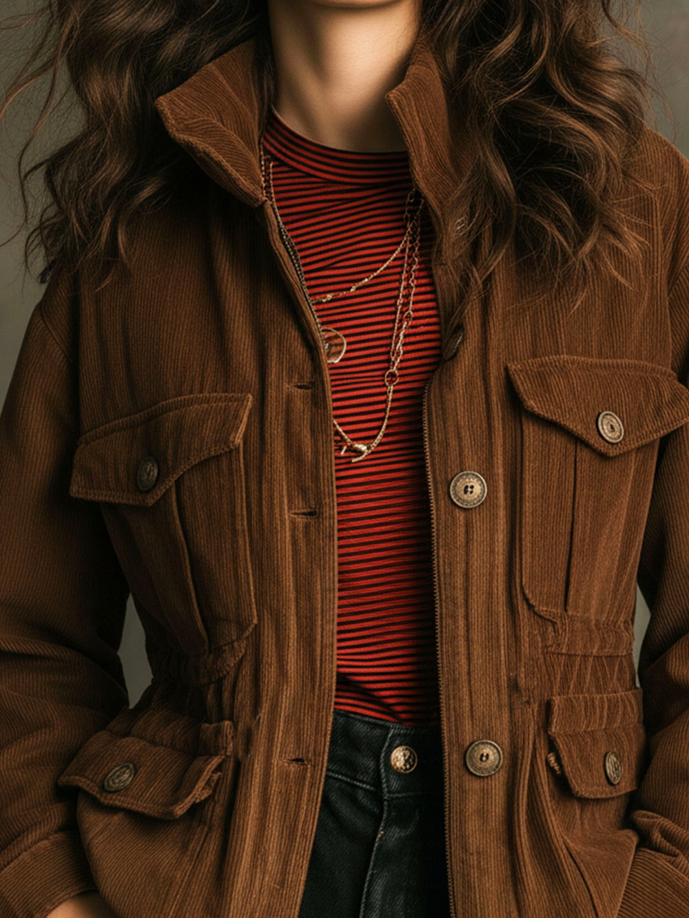 Vintage Stand Collar Brown Corduroy Utility Jacket