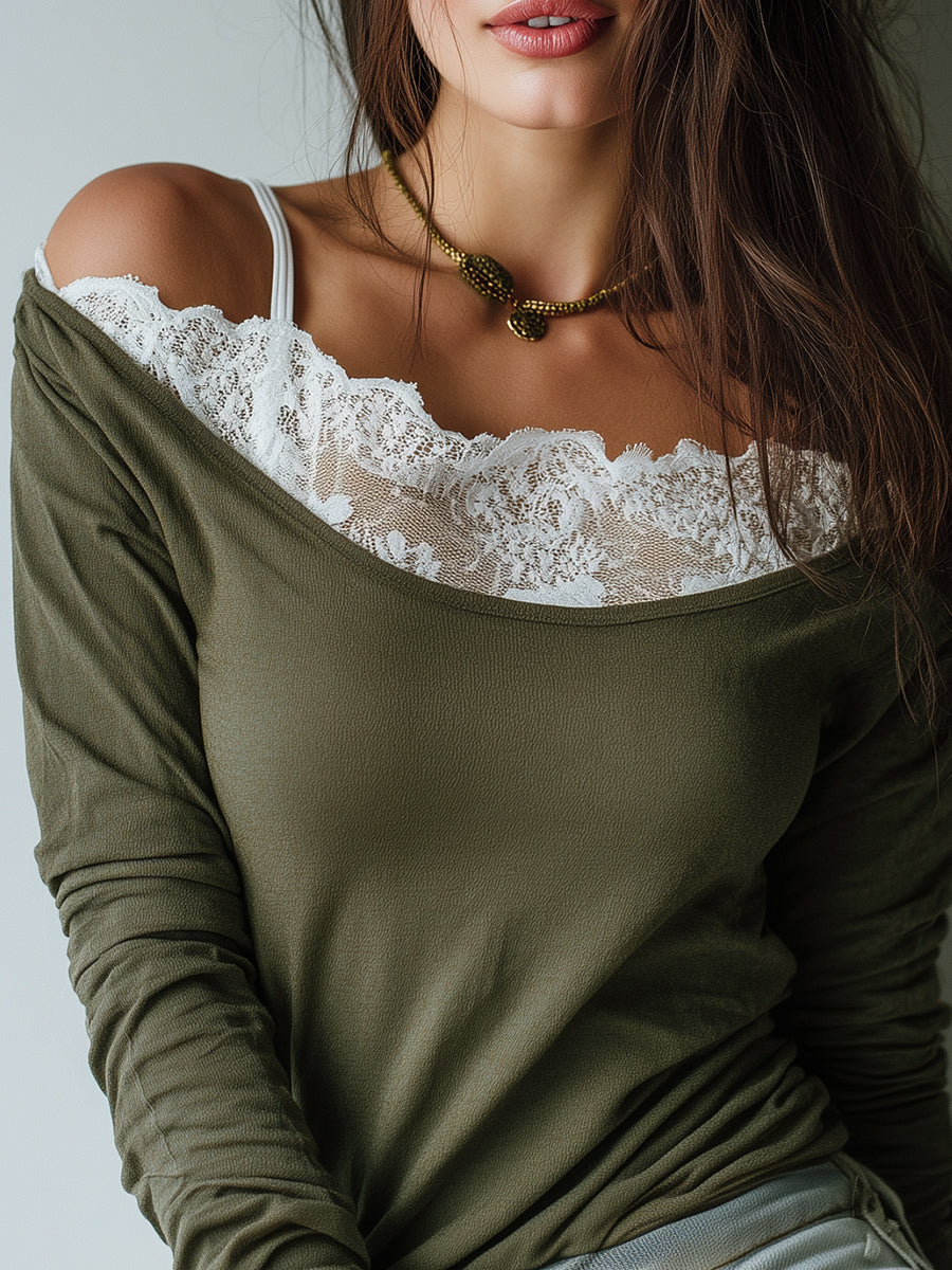 Elegant Off-the-shoulder Long-sleeved T-shirt With Lace Details