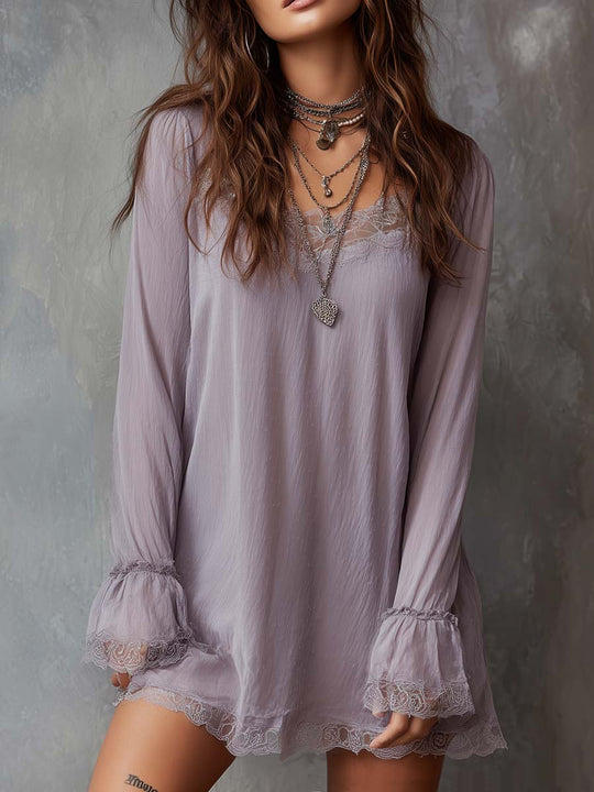 Retro Square Neck Lace Trim Chiffon Mini Dress