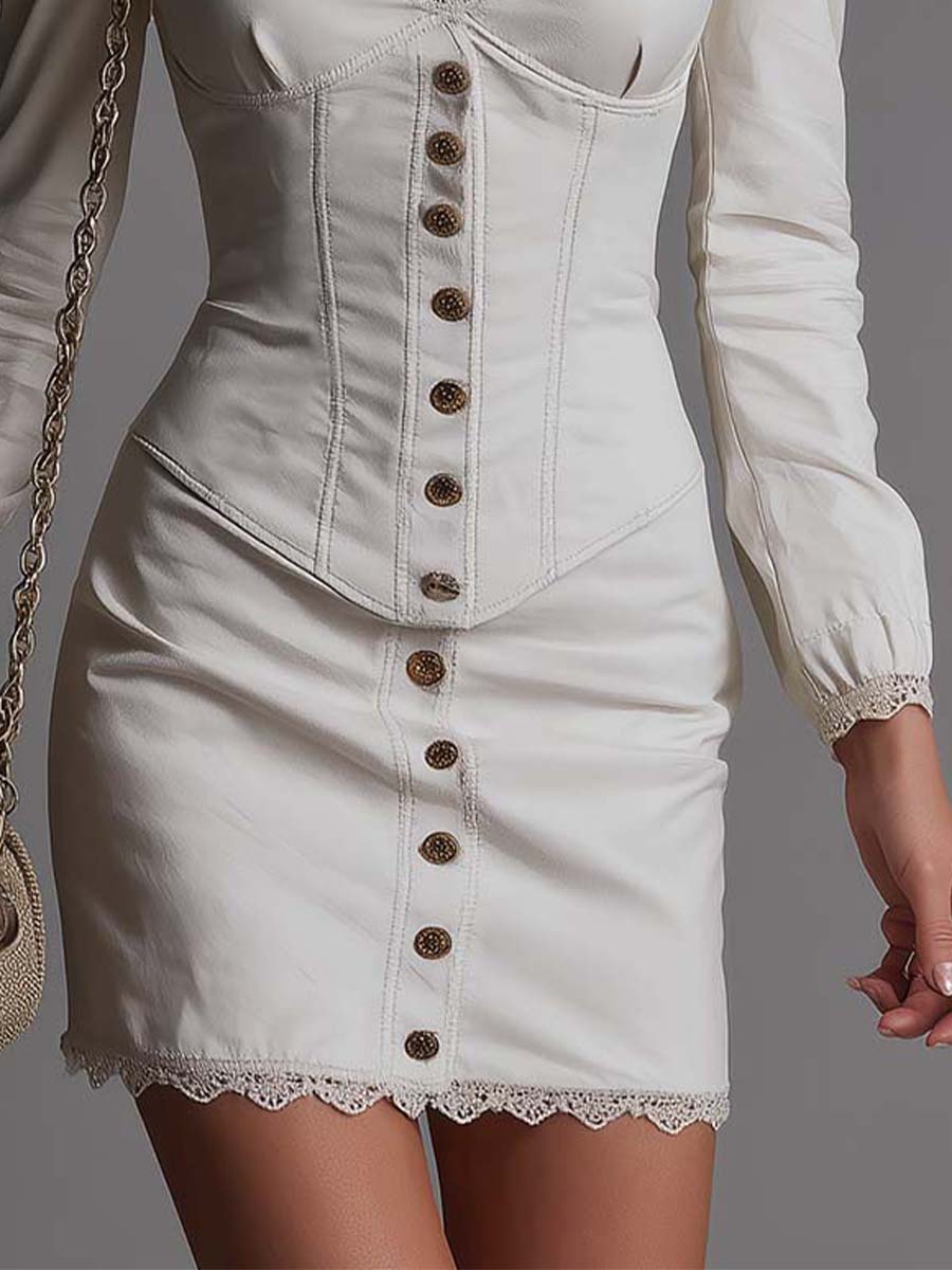 Elegant Ivory Cloud-patterned Lace-trimmed Fitted Mini Dress