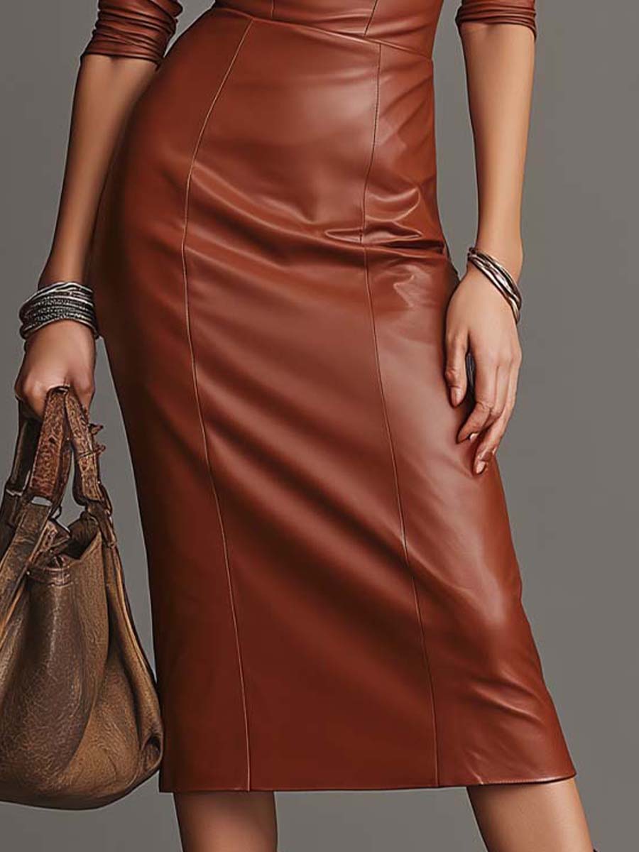 Sculpted Eco-Leather Keyhole Midi Dress – Warm Chestnut