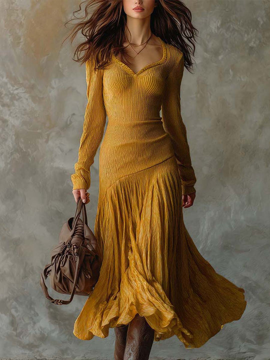 Ribbed Knit Dress With Pleated Flowing Skirt