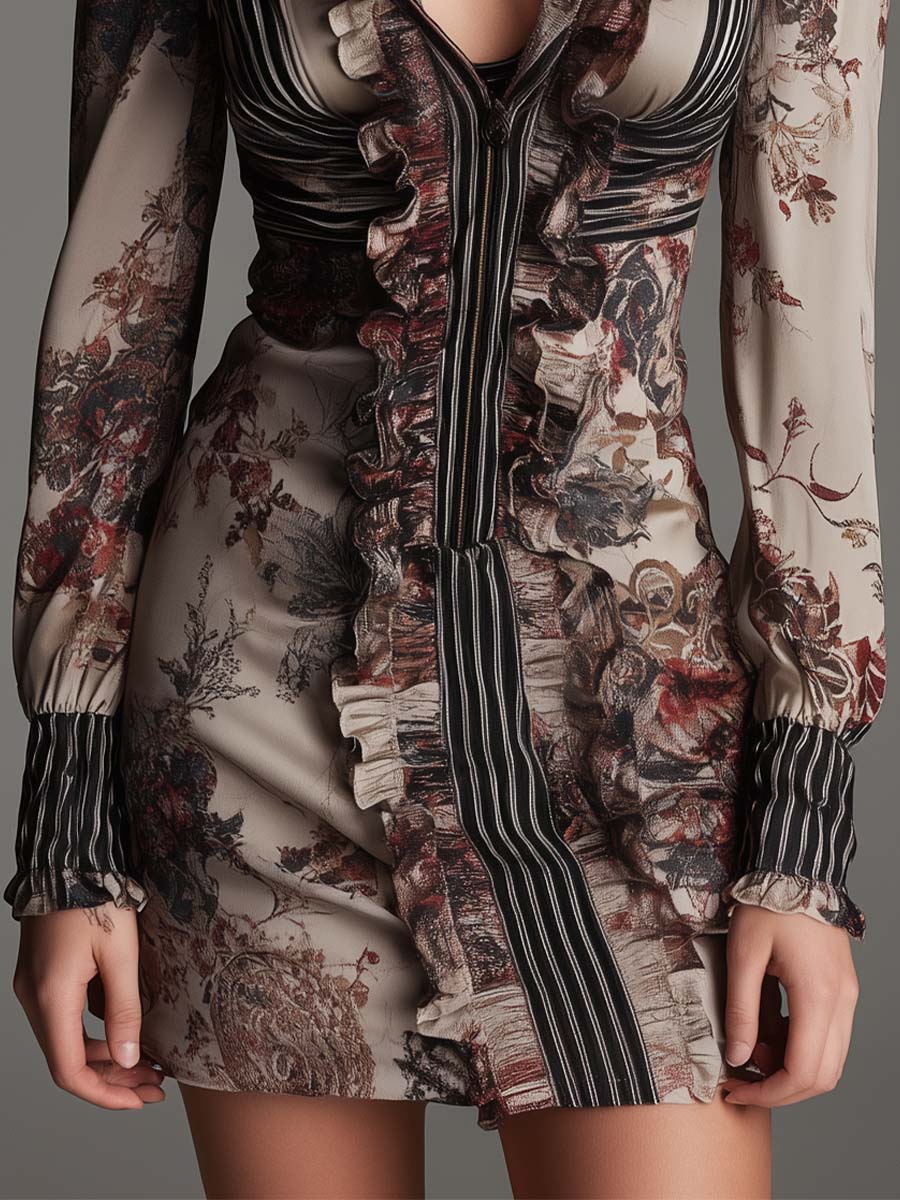 Floral Pinstripe Ruffle Zip-Front Mini Dress