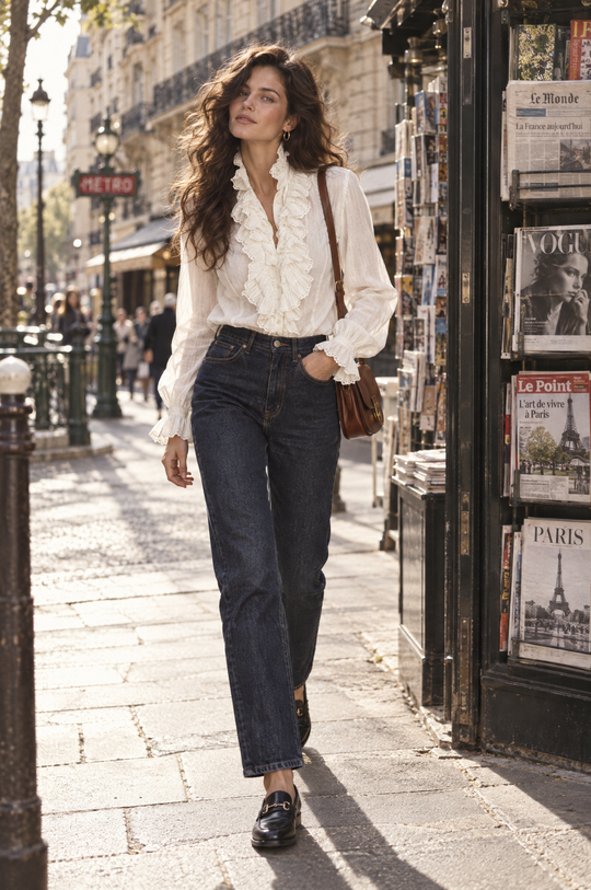 Retro Ruffled Eyelet Lace Front Long Sleeve Blouse