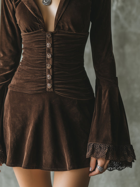 Retro Lace Bell Sleeves Spliced polyester Suede Mini Dress