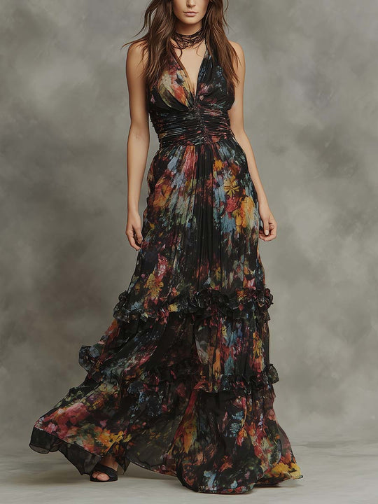 Bohemian Multicolor Abstract Chiffon Tiered Maxi Dress