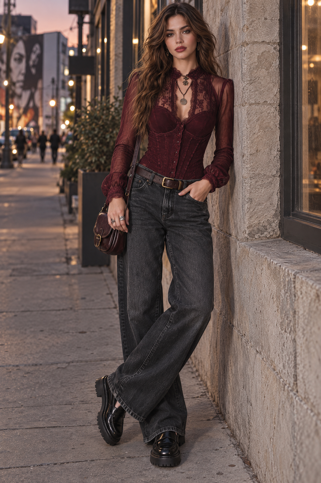 Quiet Luxury Fitted Washed Denim Blouse With Lace Paneling