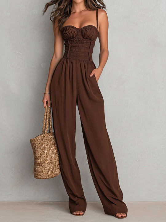 Boho Brown Smocked Top Wide-Leg Jumpsuit With Adjustable Straps