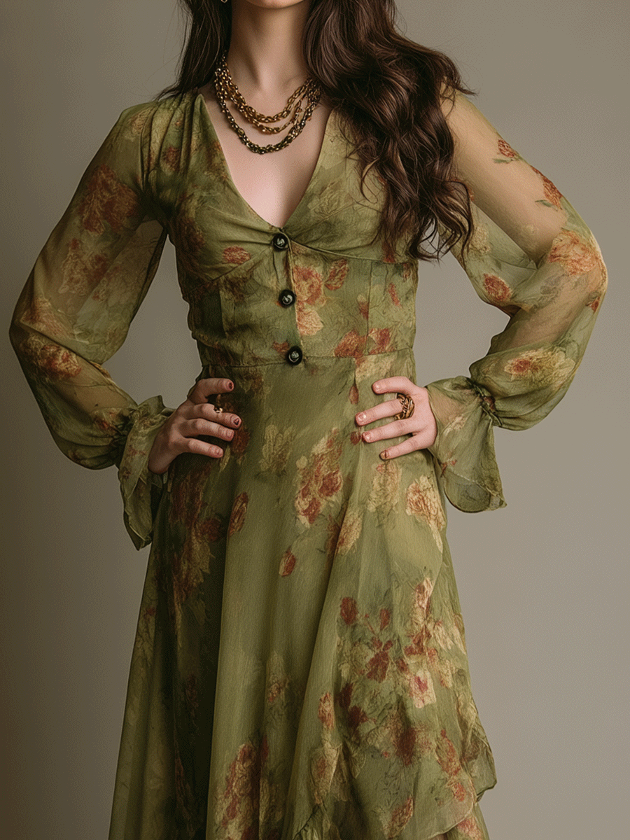 Vintage Romantic Boho Green Ruffle Hem  Maxi Dress