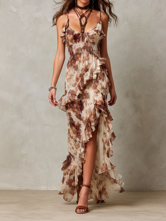 Boho Earth-Tone Tie-Dye Print Ruffled Chiffon Maxi Dress