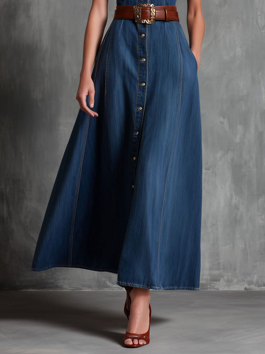 Retro Cap-Sleeve Button-Front Denim Shirt Maxi Dress