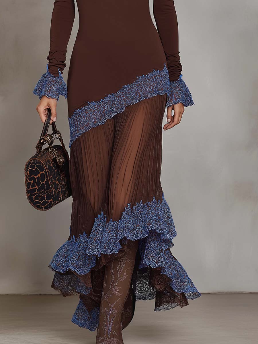 Retro Sheer Pleated Hem Lace Trim Midi Dress