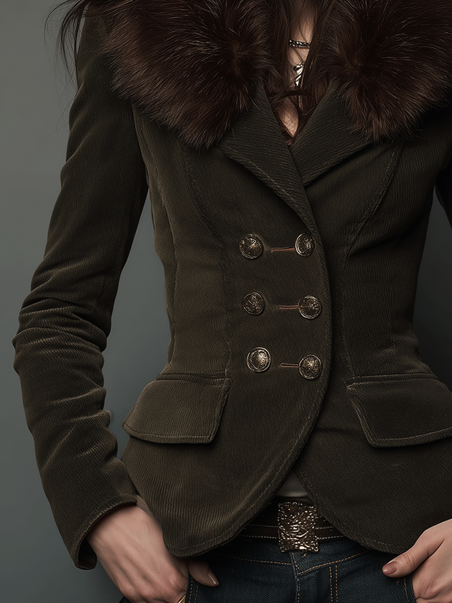 Boho Elegance Olive Velvet Fur-Trim Jacket