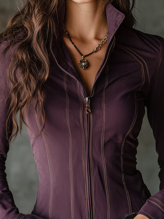 Vintage Washed Denim Stand Collar Front Zipper Slim Fit Blouse