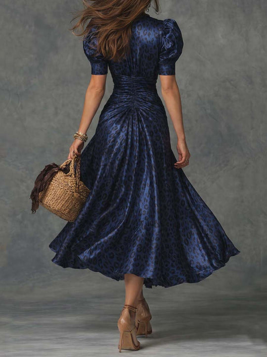 Vintage Boho Leopard Ruched Puff Sleeve Midi Dress
