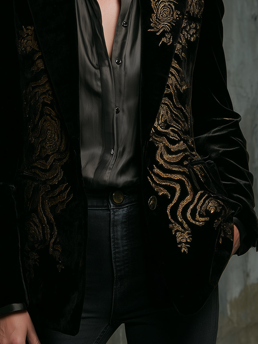 Quiet Luxury Tiger Pattern Gold Embroidered Polyester Velvet Blazer