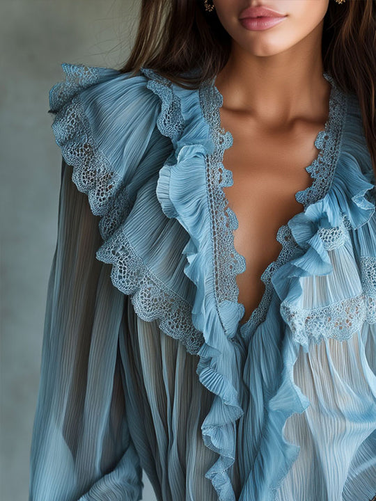 Retro Sky Blue  Lace Trim Pleated Chiffon Ruffle Blouse