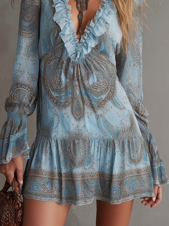 Vintage Paisley Ruffle Neck Chiffon Mini Dress
