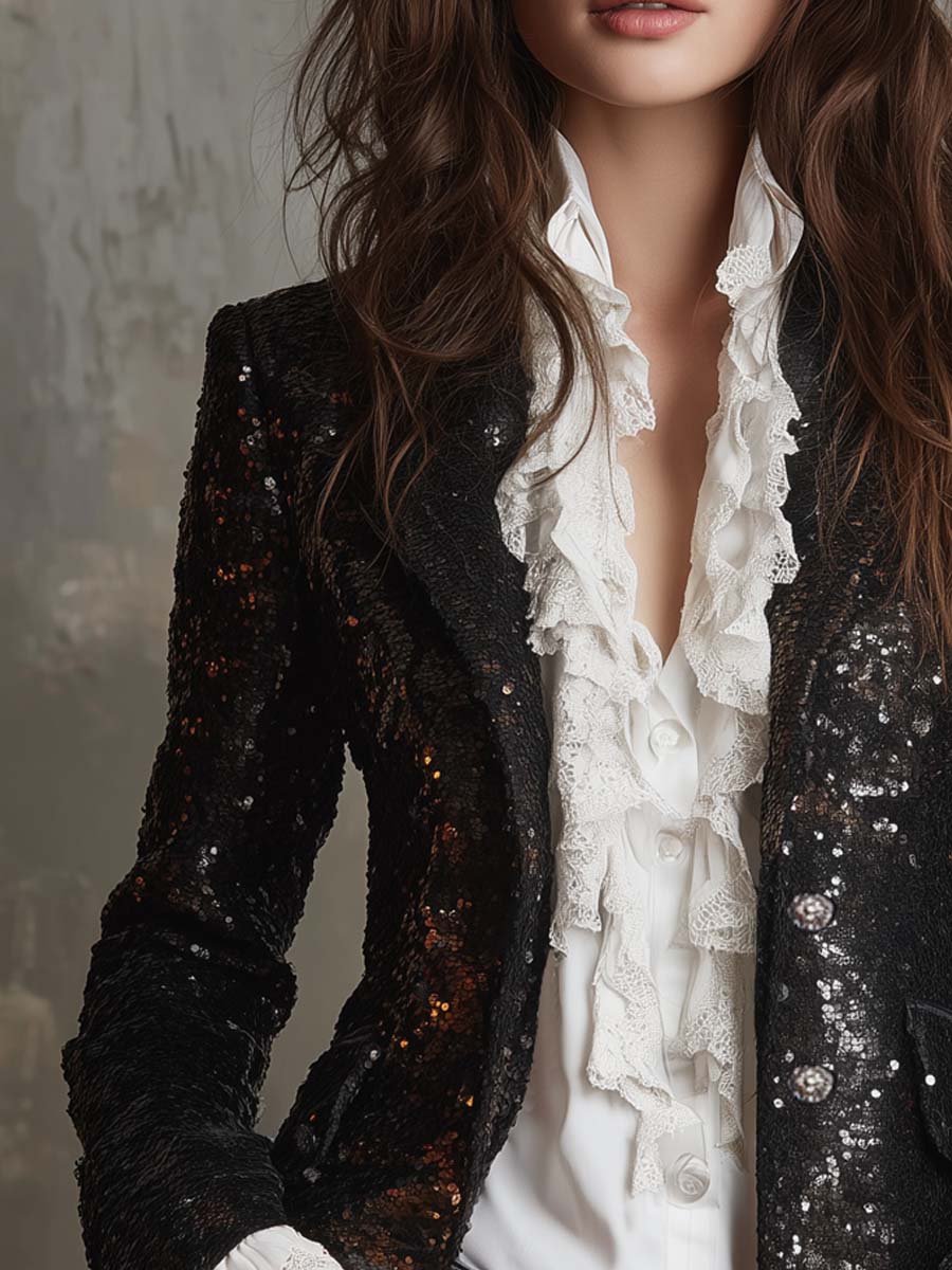 Retro Sequined Metal Button Blazer