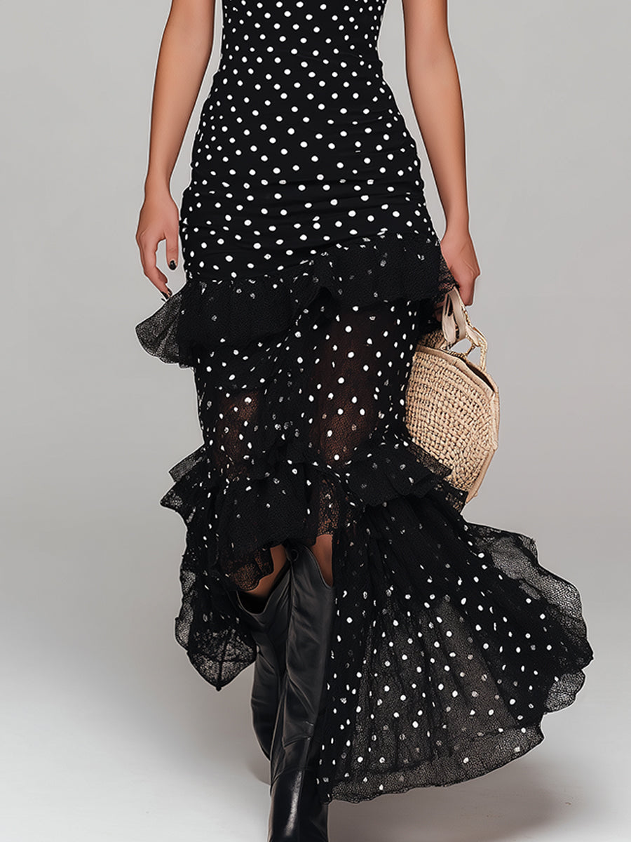 Retro Polka Dot Mesh Print Ruffle Hem Maxi Dress