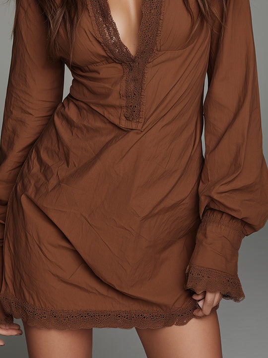 Bohemian-style Cotton Blend Mini Dress With Lace Trim