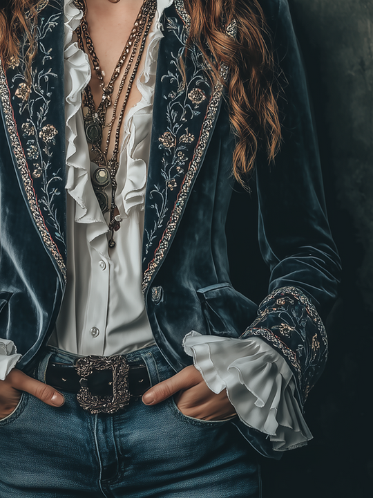 Vintage Flower Embroidered Cuffs Polyester Velvet Blazer