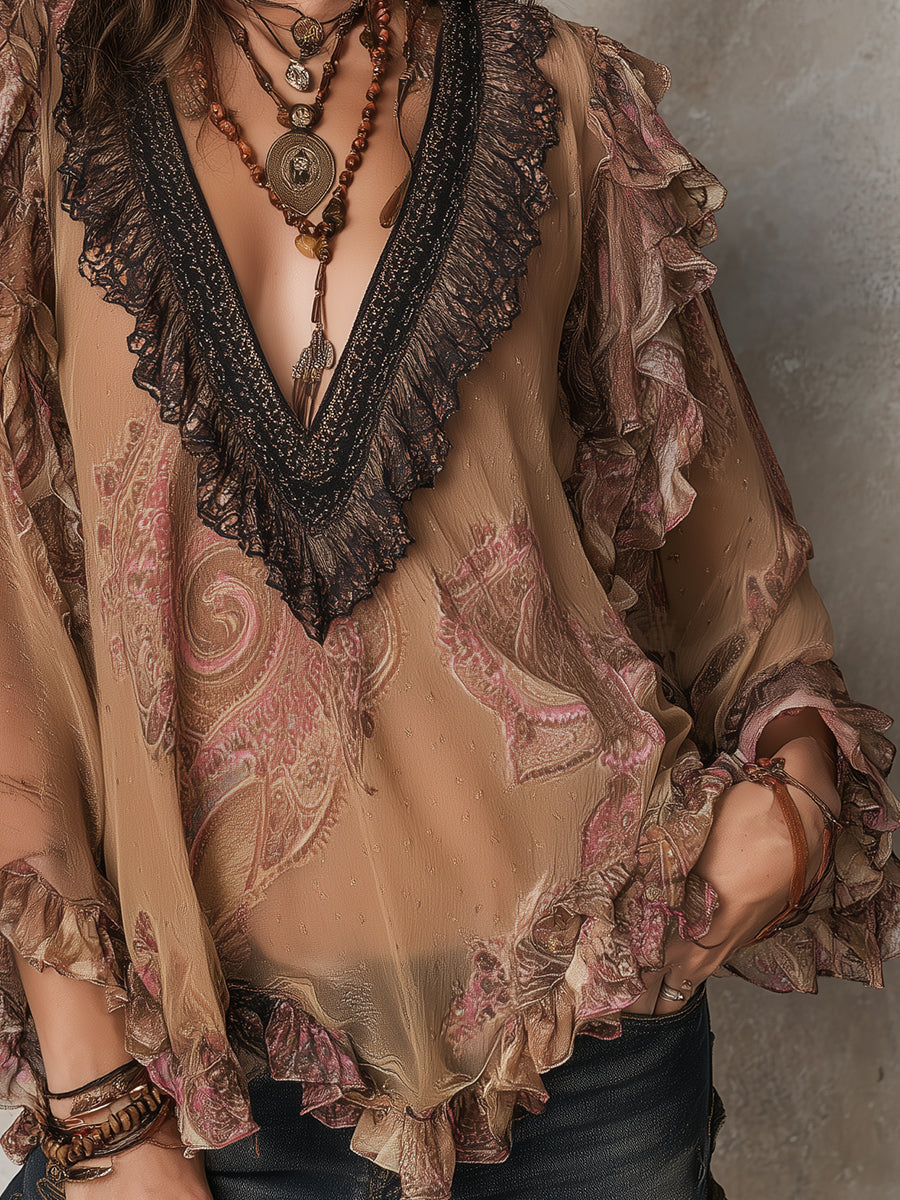 Bohemian Paisley Print Chiffon Blouse With Ruffles